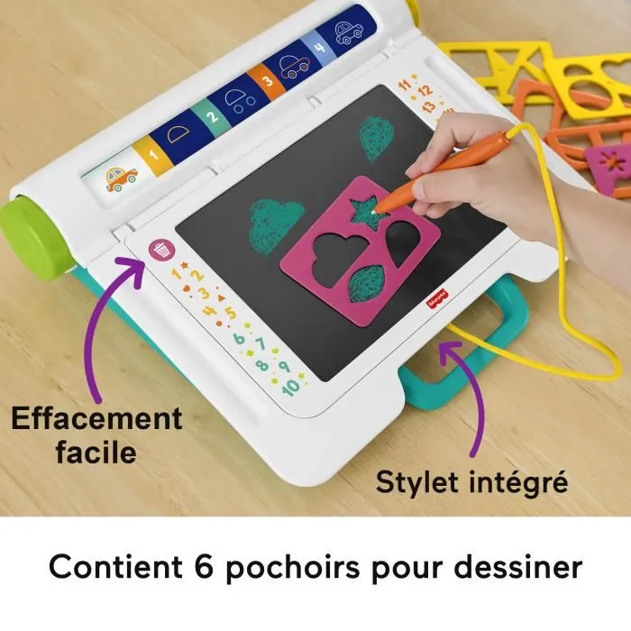 Fisher-Price JDL70 Bureau d'Apprentissage et de Dessin avec Ardoise Magique, Stylo et 6 Pochoirs, Favorise la Créativité des Enfants dès 3 Ans