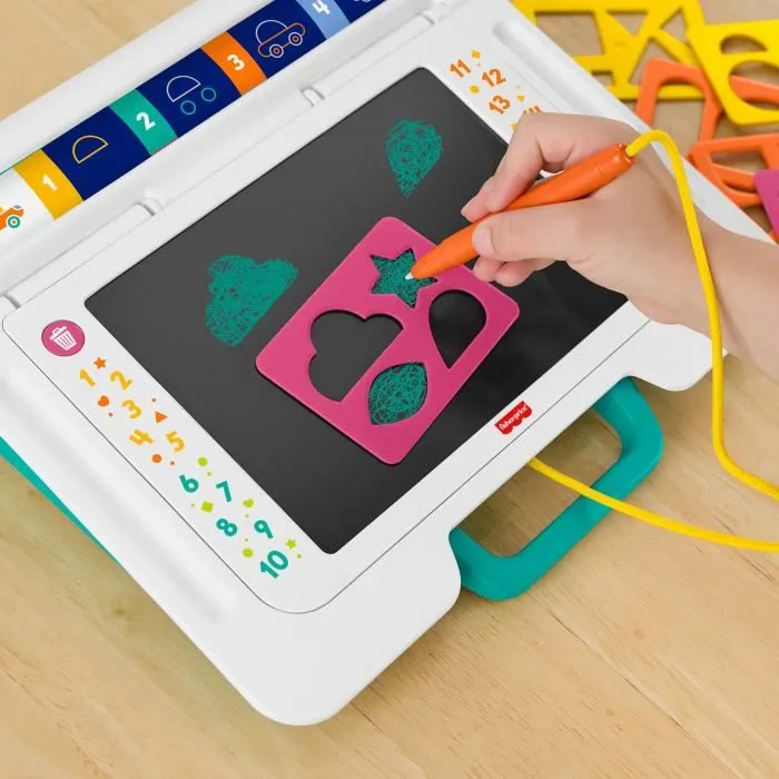 Fisher-Price JDL70 Bureau d'Apprentissage et de Dessin avec Ardoise Magique, Stylo et 6 Pochoirs, Favorise la Créativité des Enfants dès 3 Ans