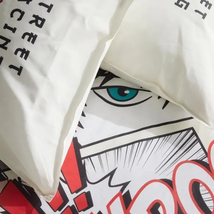 Today - Parure de lit JAVA 2 personnes - Housse de couette 240x220 cm et 2 taies 65x65 cm - Coton 100% - Imprimé Street racing - Blanc