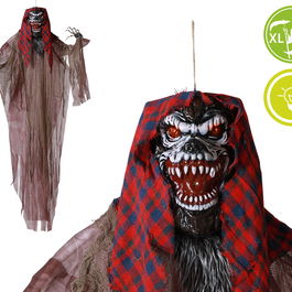 Figure Suspension Loup-Garou Effrayante 220 cm avec Capuche à Carreaux et Lumière Intégrée pour Décoration Halloween, Fête ou Jardin