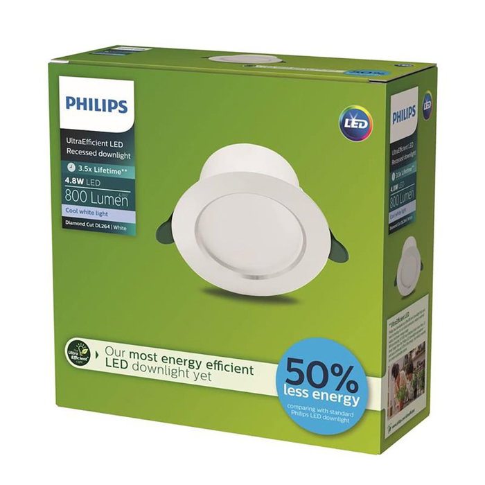Philips Downlight Diamond Cut Ultra Efficient Ø14,5 x 4,95 cm 4,8W 4000K 800lm 110° 50000h Blanc