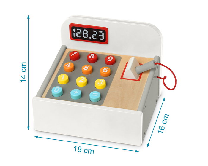 KioKids Caisse Enregistreuse En Bois Jouet Éducatif Imitation Supermarché avec Lecteur Code Barres, Argent Papier, Cartes et Pièces