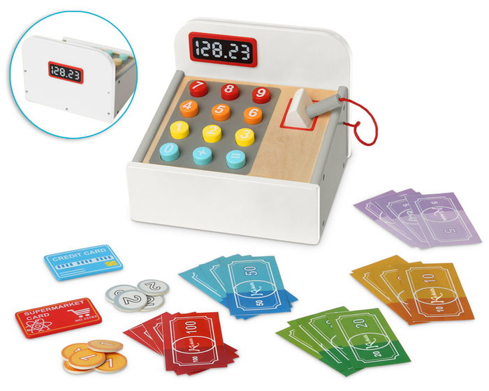 KioKids Caisse Enregistreuse En Bois Jouet Éducatif Imitation Supermarché avec Lecteur Code Barres, Argent Papier, Cartes et Pièces