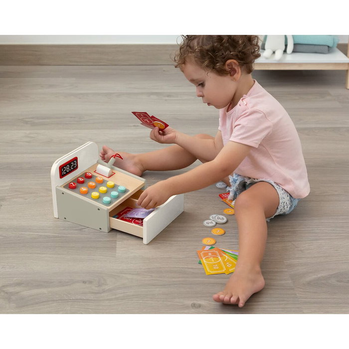 KioKids Caisse Enregistreuse En Bois Jouet Éducatif Imitation Supermarché avec Lecteur Code Barres, Argent Papier, Cartes et Pièces