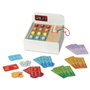 KioKids Caisse Enregistreuse En Bois Jouet Éducatif Imitation Supermarché avec Lecteur Code Barres, Argent Papier, Cartes et Pièces