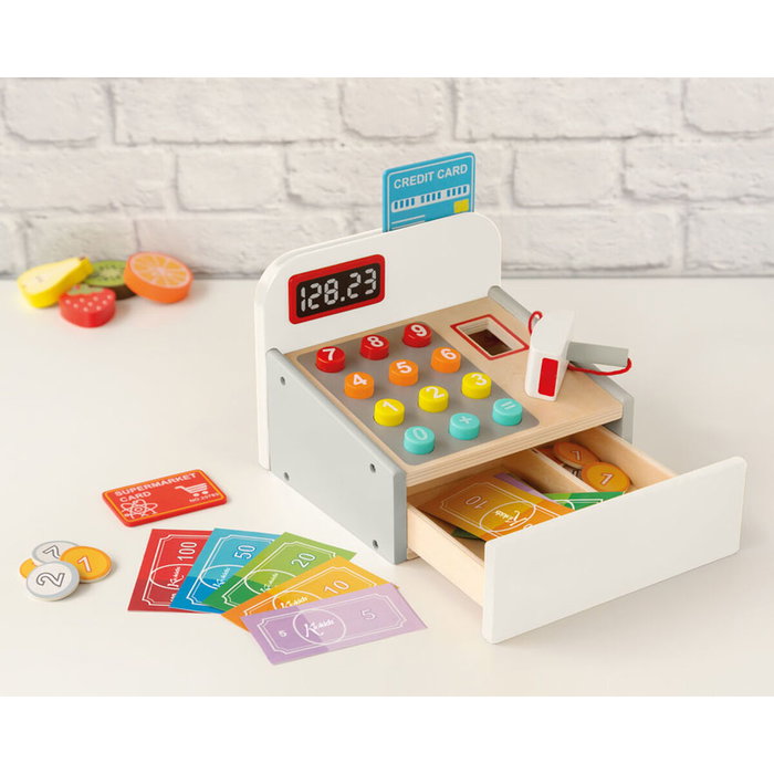 KioKids Caisse Enregistreuse En Bois Jouet Éducatif Imitation Supermarché avec Lecteur Code Barres, Argent Papier, Cartes et Pièces