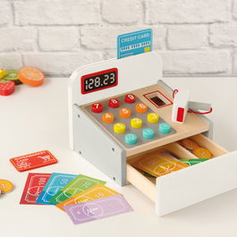 Caisse enregistreuse en bois jouet éducatif avec caisse, lecteur code-barres, monnaie et cartes - +3 ans