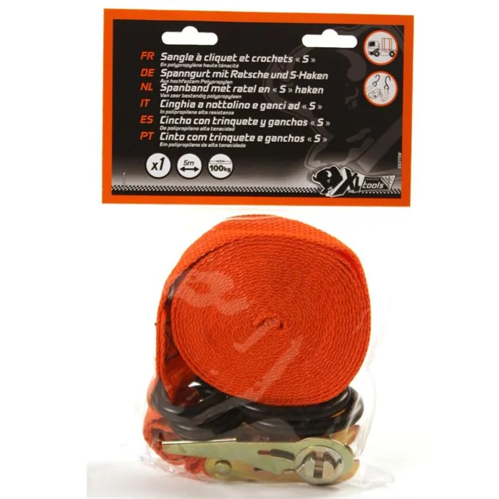 Xl Perform Tools - Sangle à cliquet de 5 m avec tensionneur, largeur 25 mm, en polyéthylène haute densité, résistante aux UV et à l'abrasion, charge de rupture 100 kg