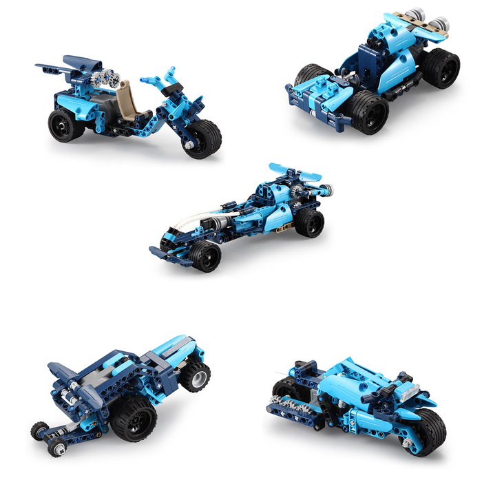 CADA - Blue Phantom - Coffret de Construction 6 en 1 - 509 Pièces - Véhicules Pull Back - Laboratoire de Mécanique - Jouet Éducatif