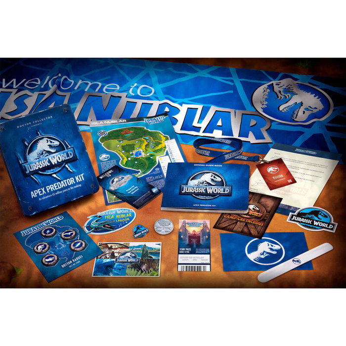 DOCTOR COLLECTOR - Kit Predator Apex Jurassic World avec Caisse Métallique, Livre Guide Officiel, Carte VIP, Drapeau, Bracelet et Épingle