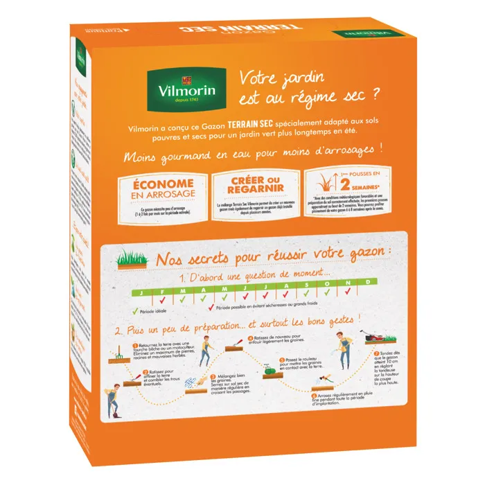 Vilmorin Gazon Terrain Sec - Mélange adapté aux sols pauvres et secs, résistant à la sécheresse, 3 kg