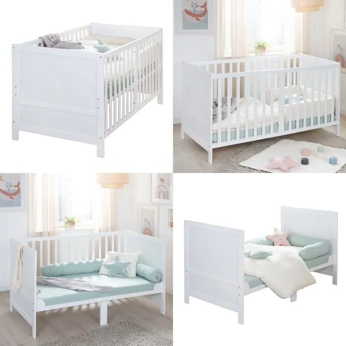 Roba Lit bébé évolutif Easy Sleep 70 x 140 cm, blanc laqué - Transformable en lit junior, jusqu'à 7 ans ou 50 kg, conforme EN 716-1
