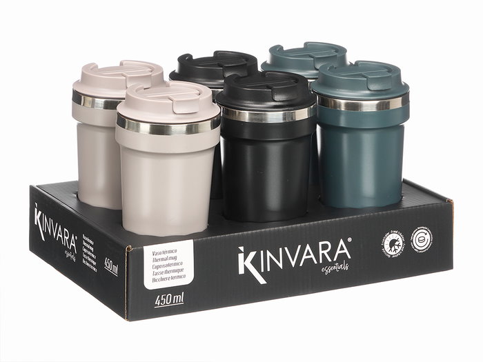 Kinvara Verre thermique 450 ml avec couvercle assorti 3 couleurs sombres 9x18x9 cm plastique et métal (Set de 12) Kinvara Verre thermique 450 ml avec couvercle assorti 3 couleurs sombres 9x18x9 cm plastique et métal (Set de 12)