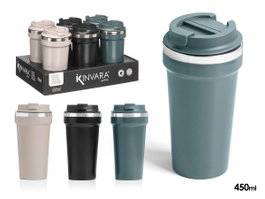 Kinvara Verre thermique 450 ml avec couvercle assorti 3 couleurs sombres 9x18x9 cm plastique et métal (Set de 12)