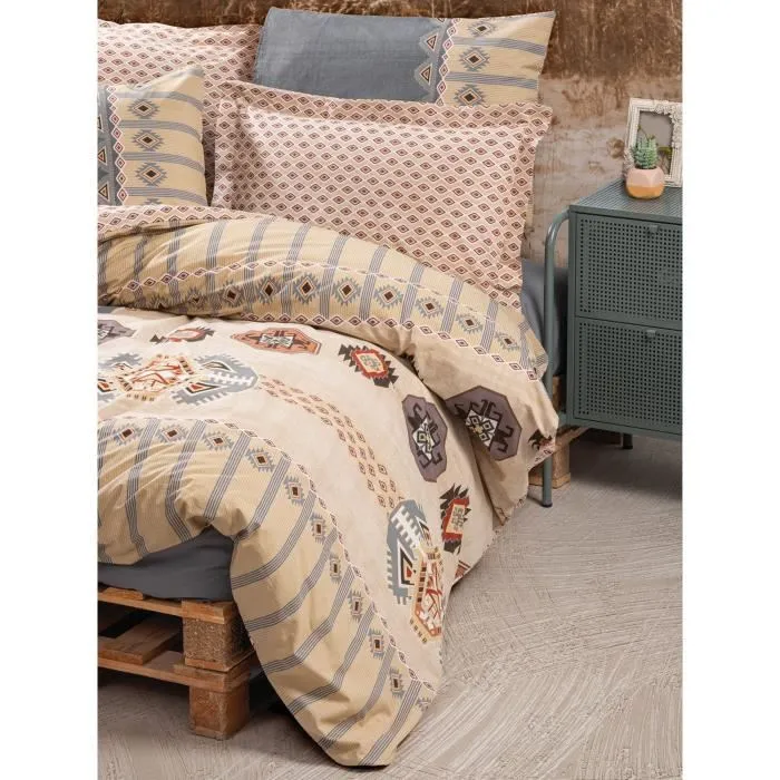 Parure de lit King - Housse de couette 240 x 220 cm + 2 taies d'oreiller 60 x 60 cm - 100% coton renforcé - Couleur Beige