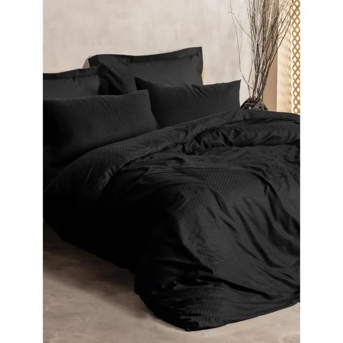 Parure de lit King 100% coton renforcé - Housse de couette 220 x 240 cm + 2 taies d'oreiller 60 x 60 cm - Noir