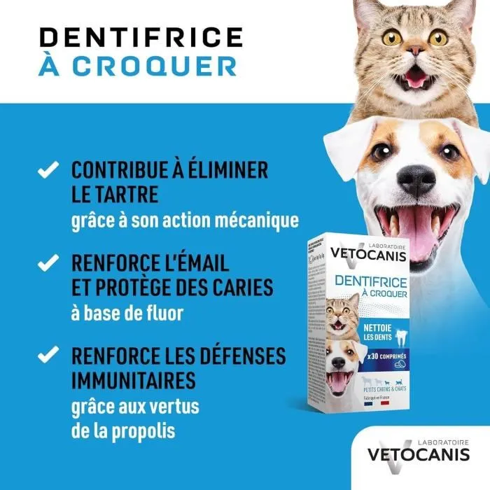 Vetocanis Dentifrice à Croquer Anti-Tartre pour Chien et Chat - 30 Comprimés avec Propolis et Arôme Poulet - Soin Dentaire Complet pour Animaux