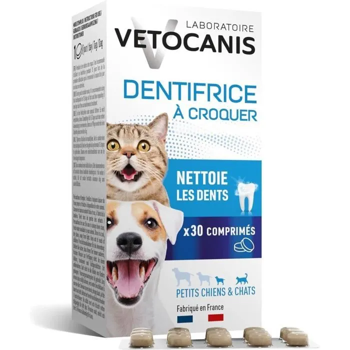 Vetocanis Dentifrice à Croquer Anti-Tartre pour Chien et Chat - 30 Comprimés avec Propolis et Arôme Poulet - Soin Dentaire Complet pour Animaux