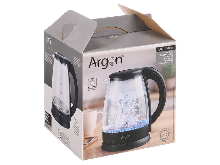 Argon Bouilloire Noire LED Borosilicate 1,8 L Métal Verre Plastique 22x24,5x16 cm (Set de 6)