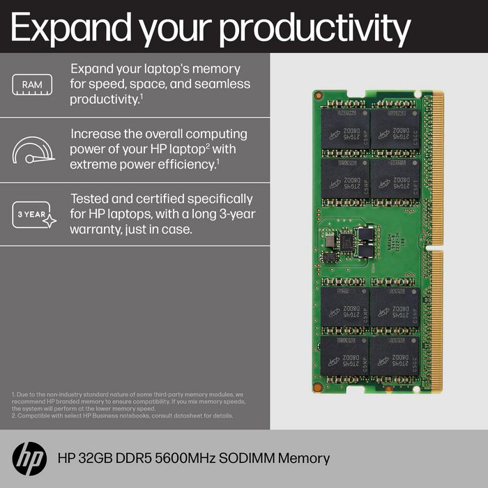 HP Mémoire RAM SODIMM 32 Go DDR5 5600 MHz - Module de Mémoire pour Ordinateur Portable HP, Amélioration des Performances