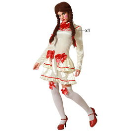Déguisement Femme Adulte Muñeca De Porcelana avec Robe Beige et Nœuds Rouges Taille XL - Idéal Halloween, Théâtre et Photos Vintage