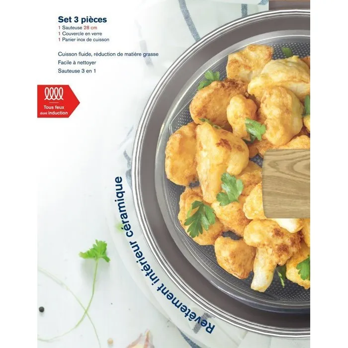 Arthur Martin AM9910 Sauteuse 24 cm Revêtement Céramique Antiadhésif avec Couvercle et Panier Inox - Compatible Tous Feux Dont Induction - Couleur Taupe