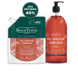 Beauterra Pack Gel Douche Monoi Recharge 1000 ml - Gel hydratant pour le corps et les cheveux, pH équilibré, 91% d'ingrédients naturels, 2 pièces
