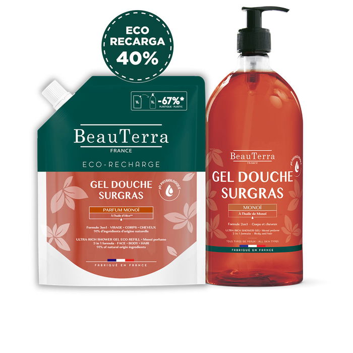 Beauterra Pack Gel Douche Monoi Recharge 1000 ml - Gel hydratant pour le corps et les cheveux, pH équilibré, 91% d'ingrédients naturels, 2 pièces Beauterra Pack Gel Douche Monoi Recharge 1000 ml - Gel hydratant pour le corps et les cheveux, pH équilibré, 91% d'ingrédients naturels, 2 pièces