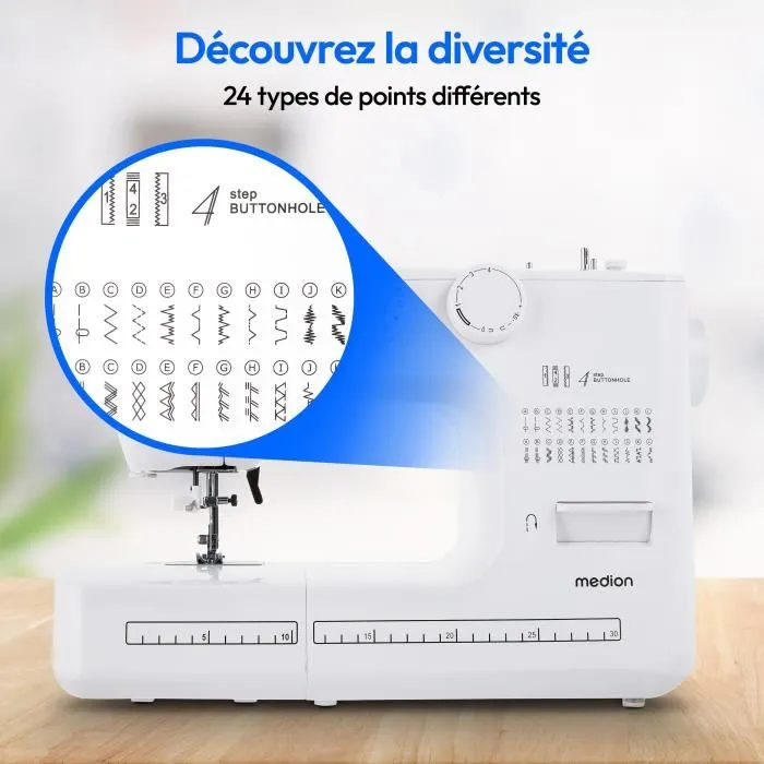 Medion SM 60 - Machine à coudre de 62 W, 24 points + points doubles, 700 tr/min, éclairage LED, Blanc Medion SM 60 - Machine à coudre de 62 W, 24 points + points doubles, 700 tr/min, éclairage LED, Blanc
