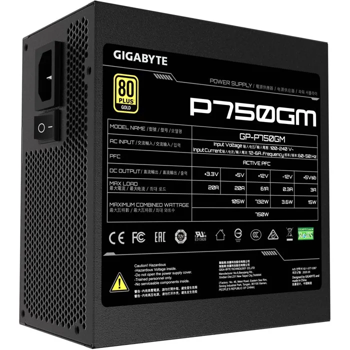 GIGABYTE GP-P750GM Alimentation PC 750W 80 PLUS Gold ATX Modulaire Ventilateur 120mm Silencieux avec Protections