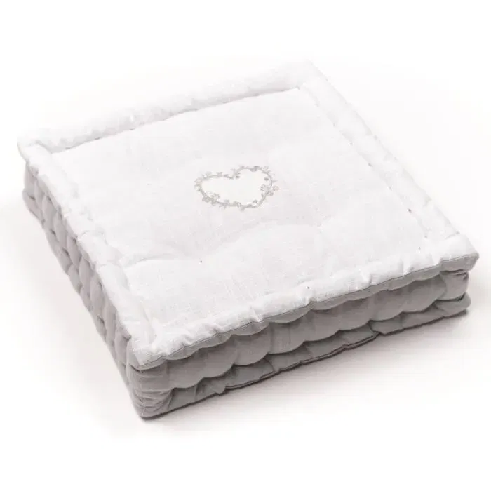 Today Charme - Coussin de sol décoratif 40x40x10 cm, tissu chambray et broderie, effet lin, 100% coton, avec poignée intégrée