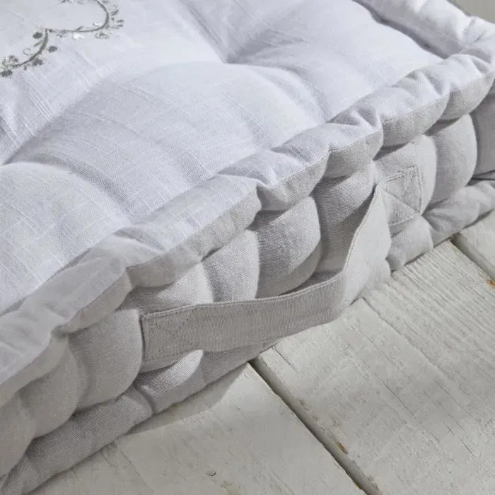 Today Charme - Coussin de sol décoratif 40x40x10 cm, tissu chambray et broderie, effet lin, 100% coton, avec poignée intégrée