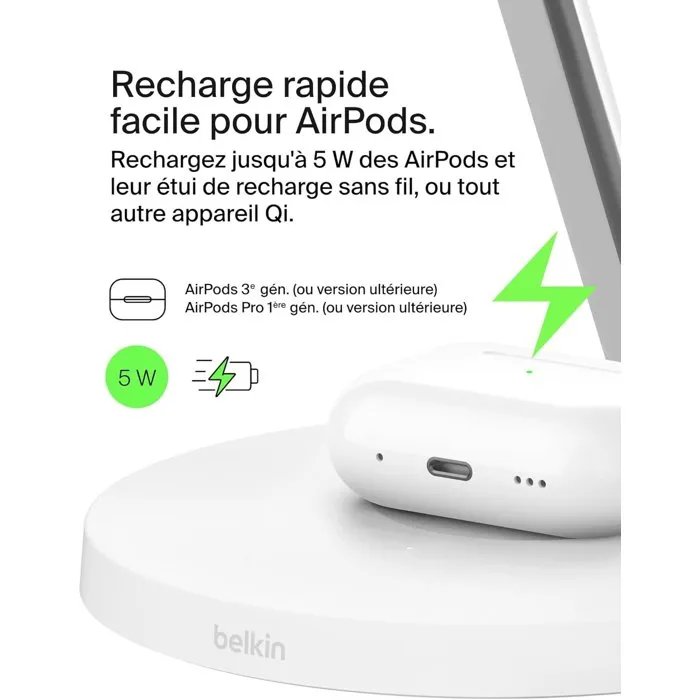 Belkin Station de recharge 3-en-1 Qi1 - Blanc - 15 W - Recharge pour iPhone, AirPods, Apple Watch