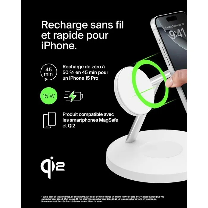 Belkin Station de recharge 3-en-1 Qi1 - Blanc - 15 W - Recharge pour iPhone, AirPods, Apple Watch