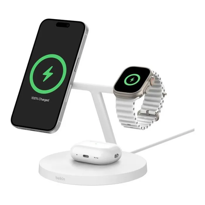 Belkin Station de recharge 3-en-1 Qi1 - Blanc - 15 W - Recharge pour iPhone, AirPods, Apple Watch
