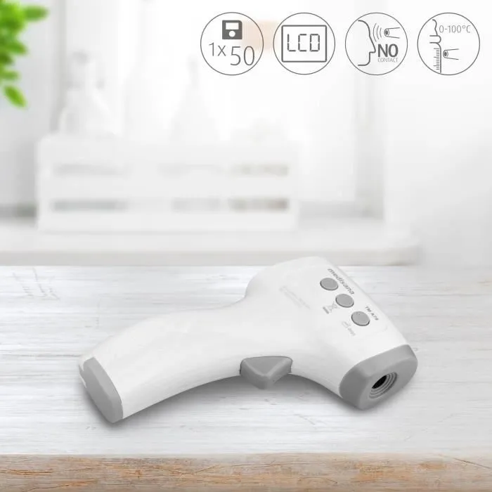 Medisana TM A79 Thermomètre frontal infrarouge sans contact, mesure température corporelle et ambiante (0-100 °C), alarme fièvre 3 couleurs, 50 mémoires, écran LCD