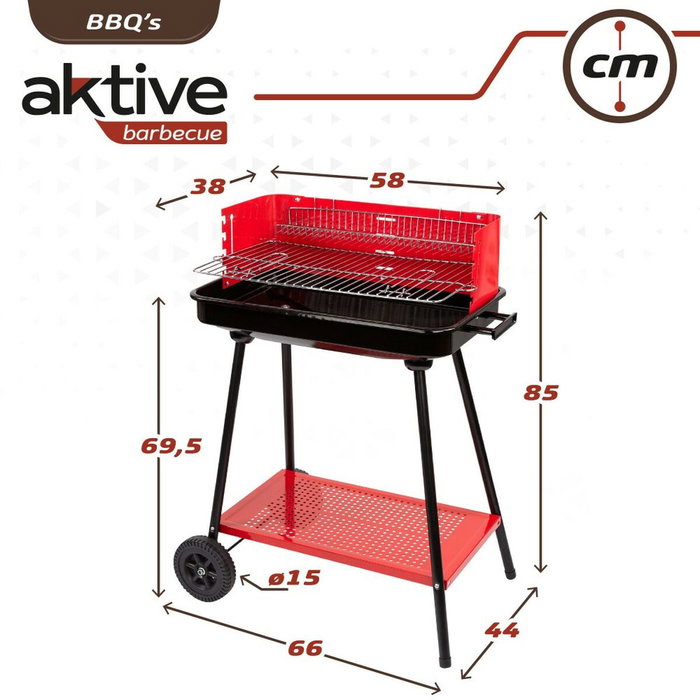 Roues de barbecue au charbon de bois Aktive Acier Plastique 66 x 44 x 85 cm Rectangulaire Rouge