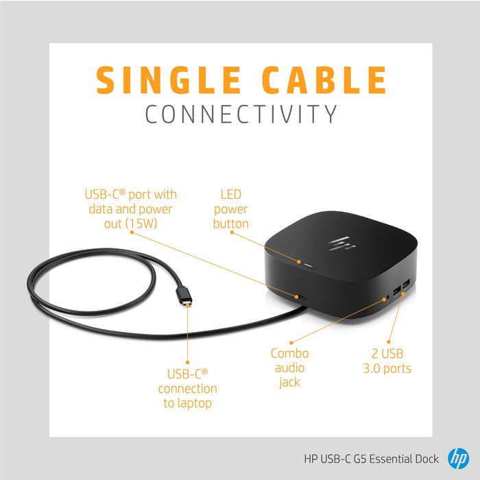 HP Station d'accueil USB-C G5 Essential - Dock de bureau avec charge, triple affichage, Gigabit Ethernet, ports USB et gestion à distance