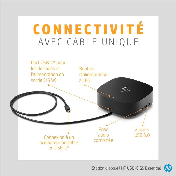 HP Station d'accueil USB-C G5 Essential - Dock de bureau avec charge, triple affichage, Gigabit Ethernet, ports USB et gestion à distance
