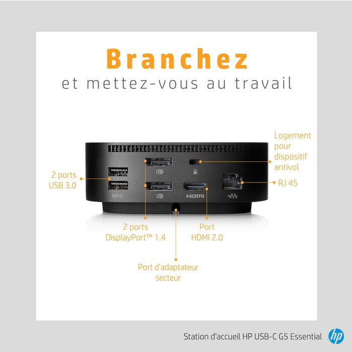 HP Station d'accueil USB-C G5 Essential - Dock de bureau avec charge, triple affichage, Gigabit Ethernet, ports USB et gestion à distance