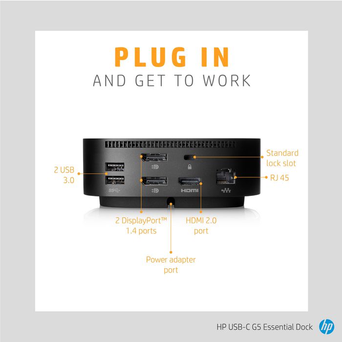 HP Station d'accueil USB-C G5 Essential - Dock de bureau avec charge, triple affichage, Gigabit Ethernet, ports USB et gestion à distance