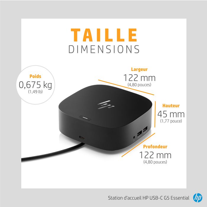 HP Station d'accueil USB-C G5 Essential - Dock de bureau avec charge, triple affichage, Gigabit Ethernet, ports USB et gestion à distance