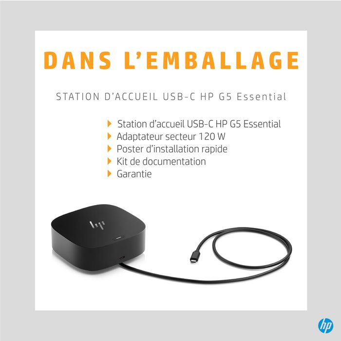 HP Station d'accueil USB-C G5 Essential - Dock de bureau avec charge, triple affichage, Gigabit Ethernet, ports USB et gestion à distance