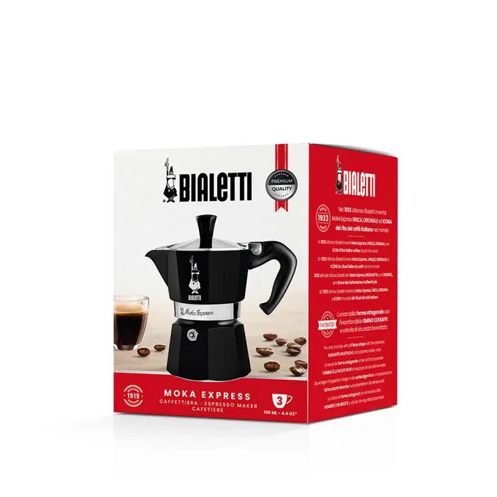 Bialetti Moka Express Cafetière italienne 3 tasses (100 ml) Noir - Tous feux sauf induction