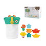 TACHAN - Organisateur de bain pour jouets avec 2 ventouses, sac filet à fermeture et 7 accessoires (2 bateaux, 3 moules animaux, hippocampe, balle poisson) - Enfant 1 an et plus