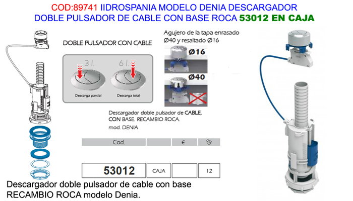 Mécanisme de chasse d'eau double Denia avec commande par câble pour réservoir bas 53012 Mécanisme de chasse d'eau double Denia avec commande par câble pour réservoir bas 53012