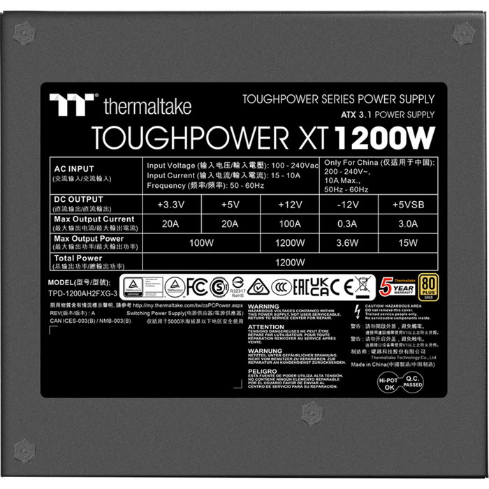 Thermaltake Toughpower XT 1200W, Alimentation PC ATX 3.1, 1200W, Noir