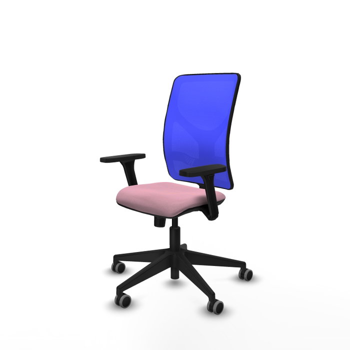 Chaise Motilla Synchro 3 positions tissu Rose Maille Bleu Base pyramidale noire Accoudoir 3D Sans appui-tête Roulettes 65mm pour moquette