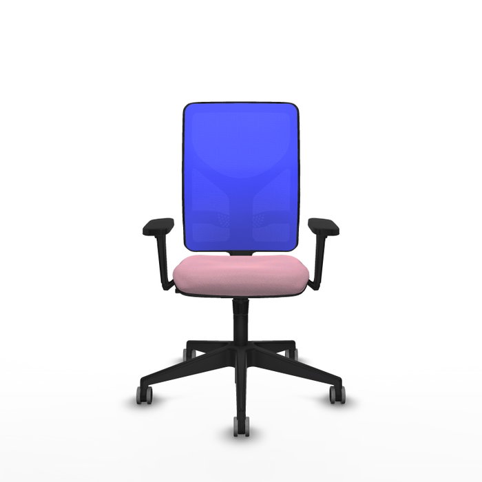 Chaise Motilla Synchro 3 positions tissu Rose Maille Bleu Base pyramidale noire Accoudoir 3D Sans appui-tête Roulettes 65mm pour moquette