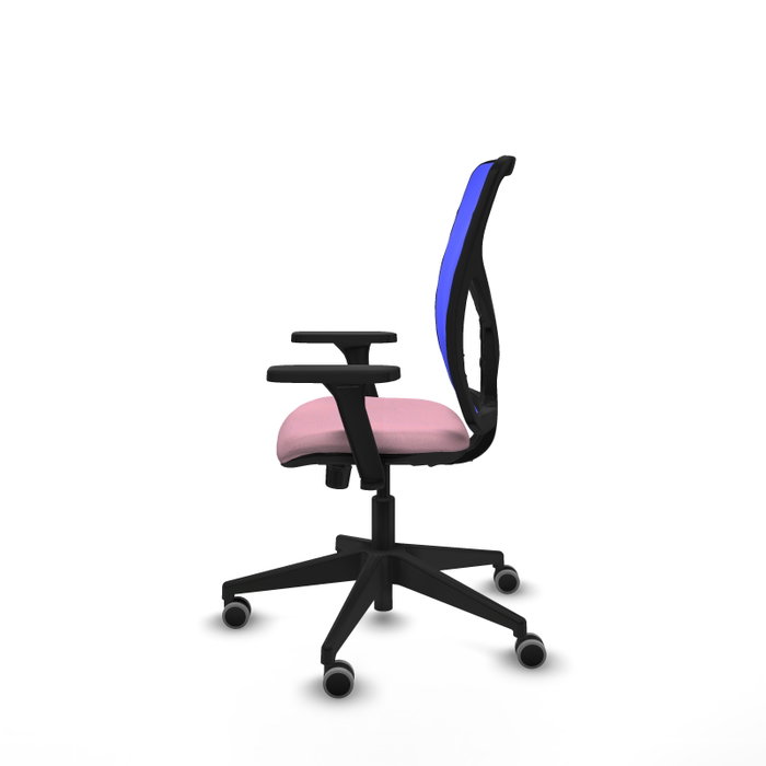 Chaise Motilla Synchro 3 positions tissu Rose Maille Bleu Base pyramidale noire Accoudoir 3D Sans appui-tête Roulettes 65mm pour moquette